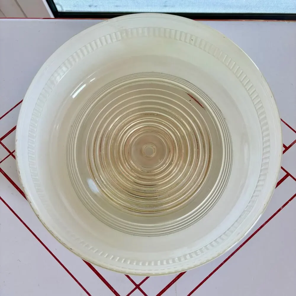 Vintage MCM Milk Glass Ceiling Light Shade Ribbed Clear Center